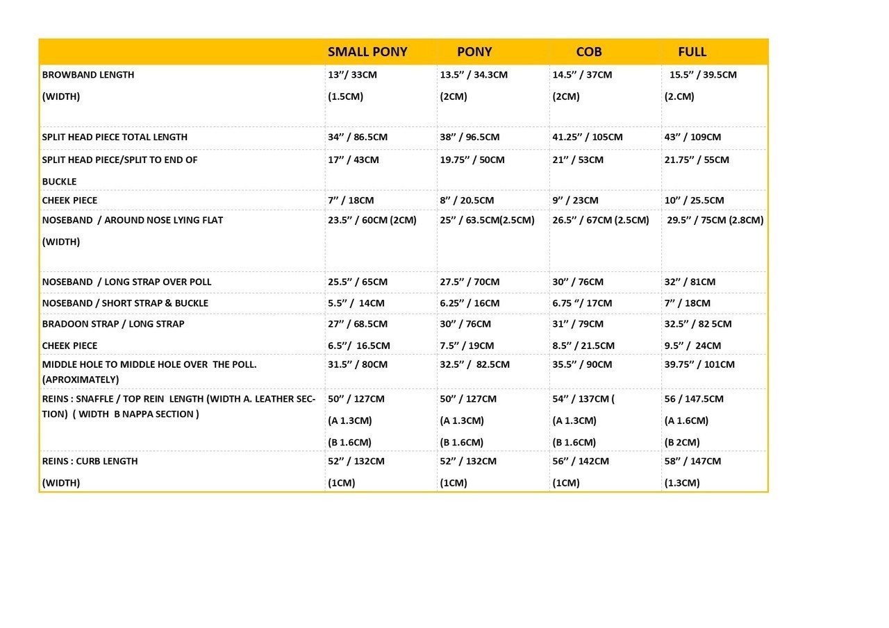 Bridle Sizes Chart