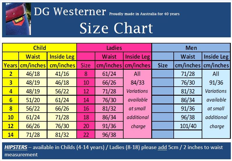 Riding Sport Breeches Size Chart