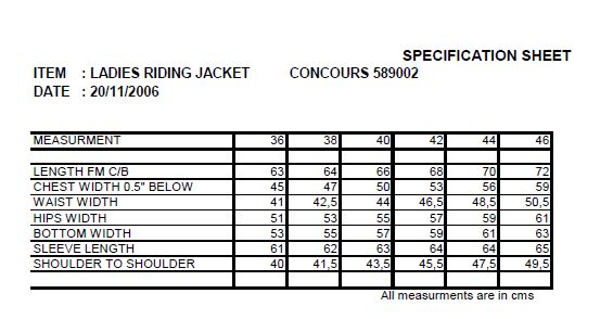 Elation Breeches Size Chart