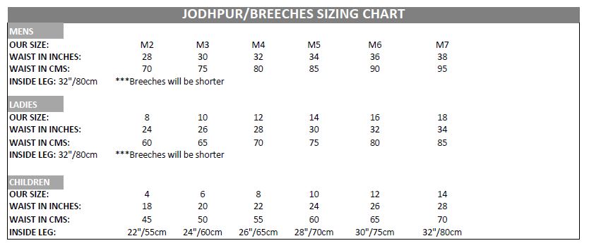 Ladies Breeches Size Chart