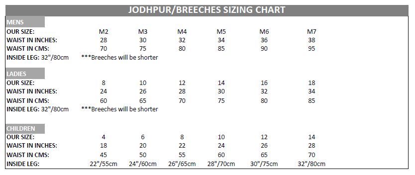 Kerrits Breeches Size Chart