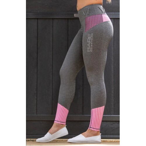 No Grip BARE Riding Tights - Grey with Pink Houndstooth