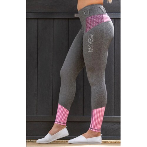 No Grip BARE Riding Tights - Grey with Pink Houndstooth